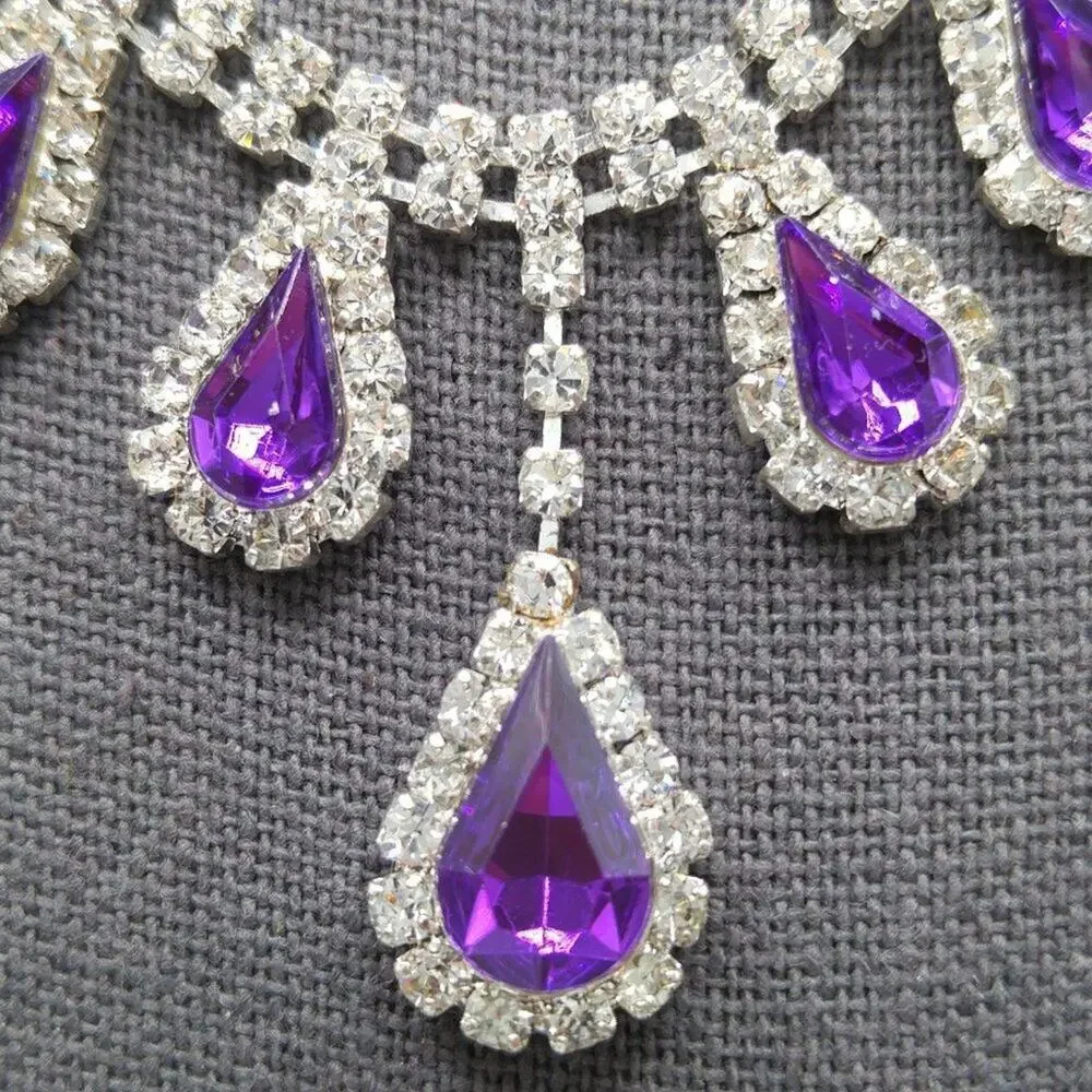 Dangle Purple Clear Rhinestone Necklace, 18 1/2 Inches Adjustable, Formal Choker